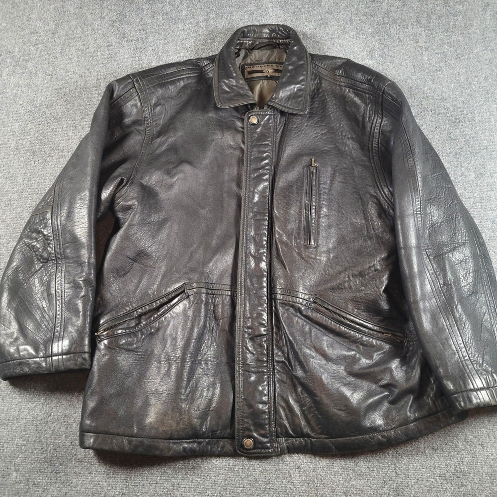 Members Only Leather Touring Jacket Mens Large Black Quilted Lined Full Zip